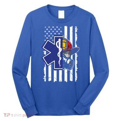 Firefighter Ems Cross Usa Flag Distressed Heros Novelty Cool Gift Long Sleeve Shirt