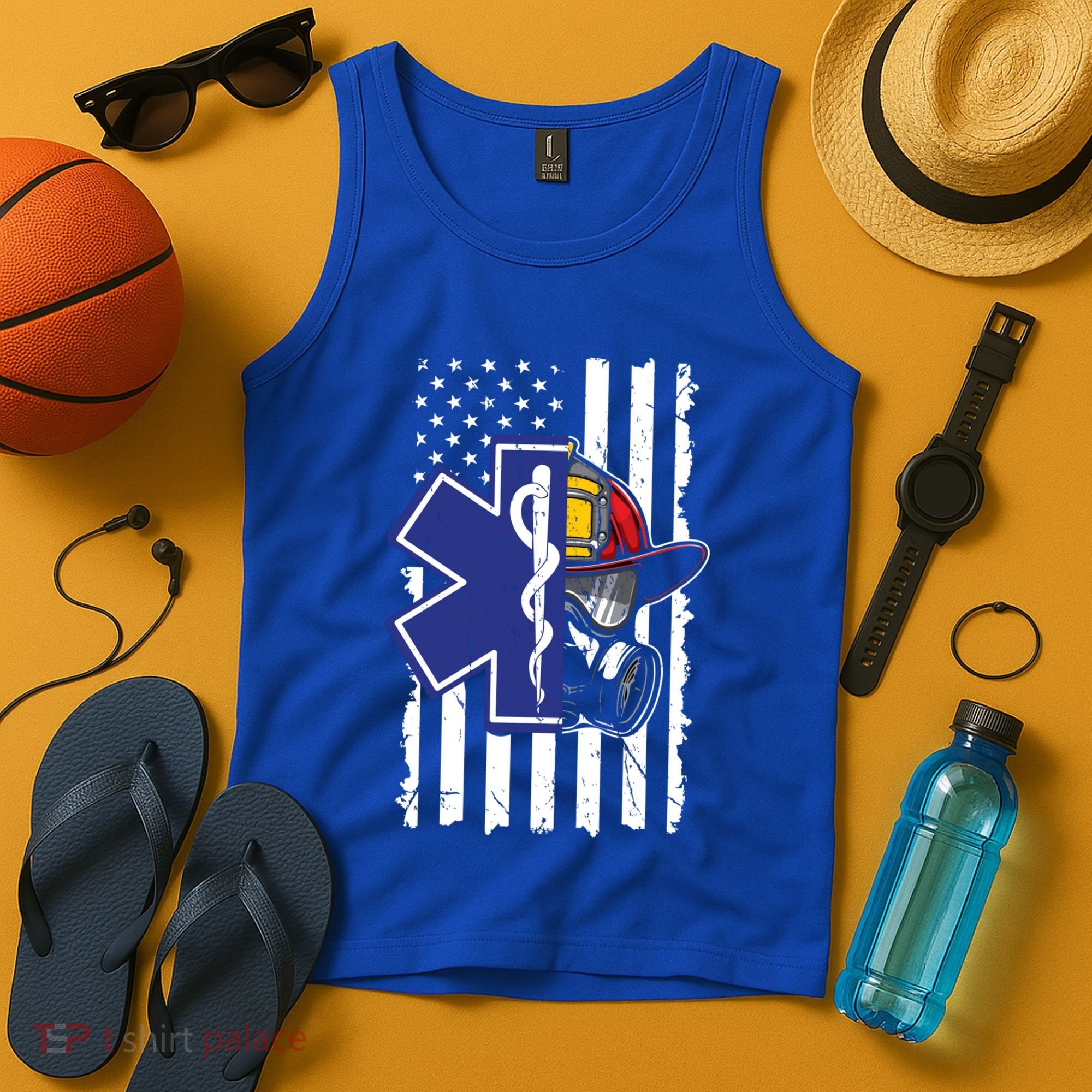 Firefighter Ems Cross Usa Flag Distressed Heros Novelty Cool Gift Tank Top