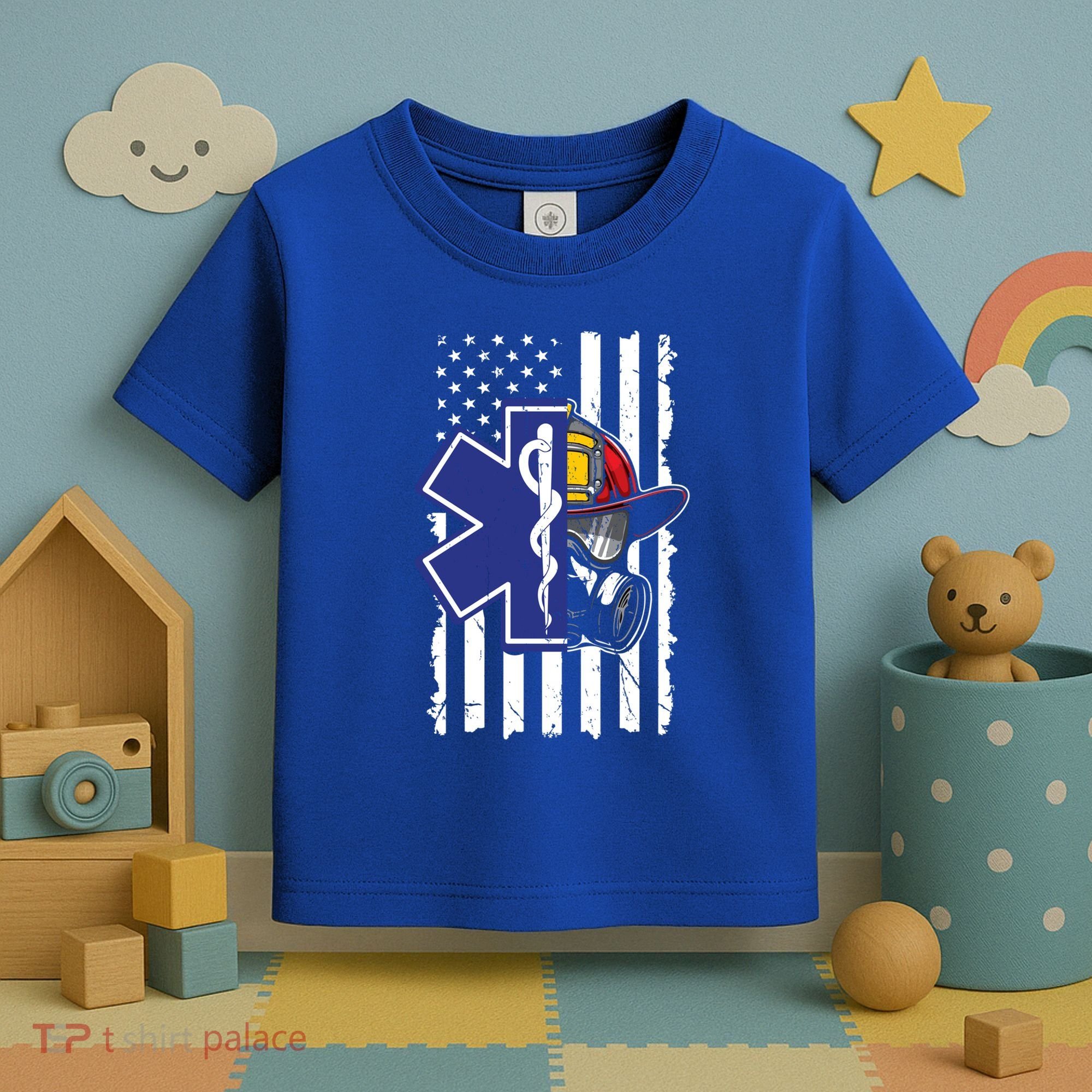 Firefighter Ems Cross Usa Flag Distressed Heros Novelty Cool Gift Toddler T-Shirt