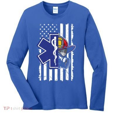 Firefighter Ems Cross Usa Flag Distressed Heros Novelty Cool Gift Women's Long Sleeve Shirt