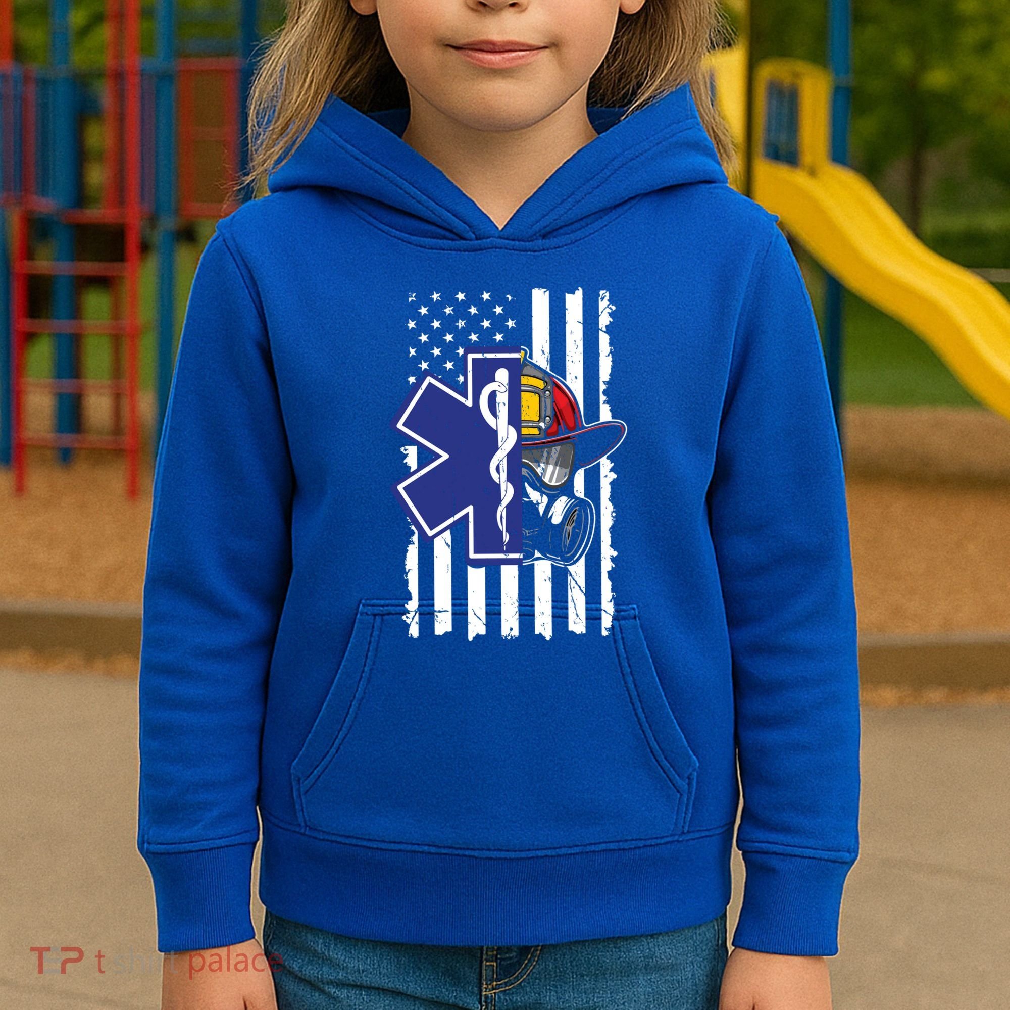 Firefighter Ems Cross Usa Flag Distressed Heros Novelty Cool Gift Kids Hoodie