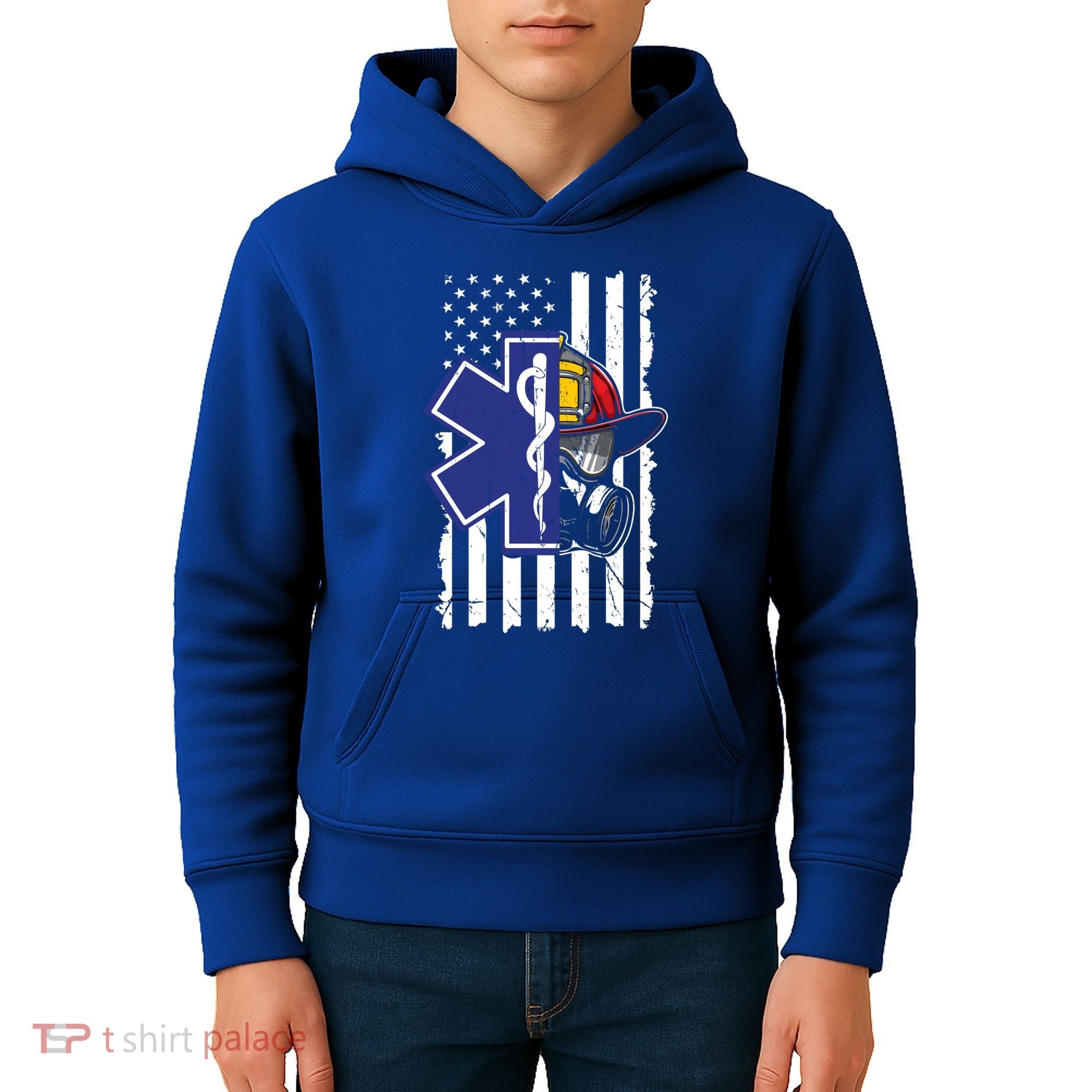 Firefighter Ems Cross Usa Flag Distressed Heros Novelty Cool Gift Kids Hoodie