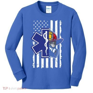 Firefighter Ems Cross Usa Flag Distressed Heros Novelty Cool Gift Kids Long Sleeve Shirt