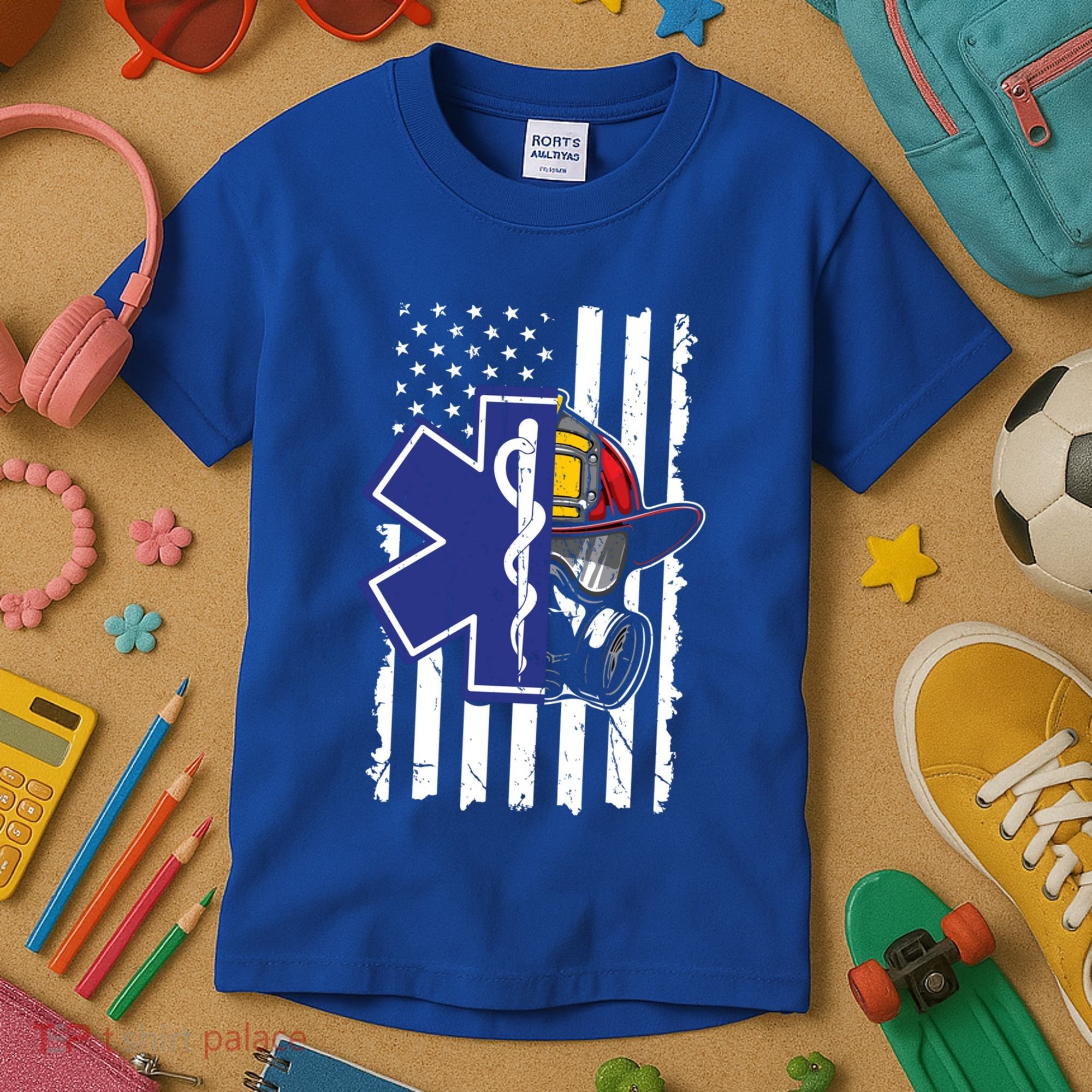 Firefighter Ems Cross Usa Flag Distressed Heros Novelty Cool Gift Kids T-Shirt