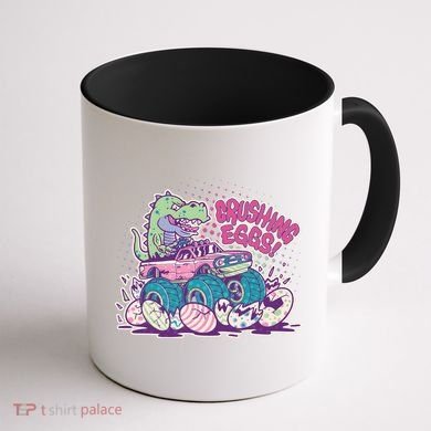 Funny Easter Crushing Eggs TRex Dinosaur Monster Truck Coffee Mug back
