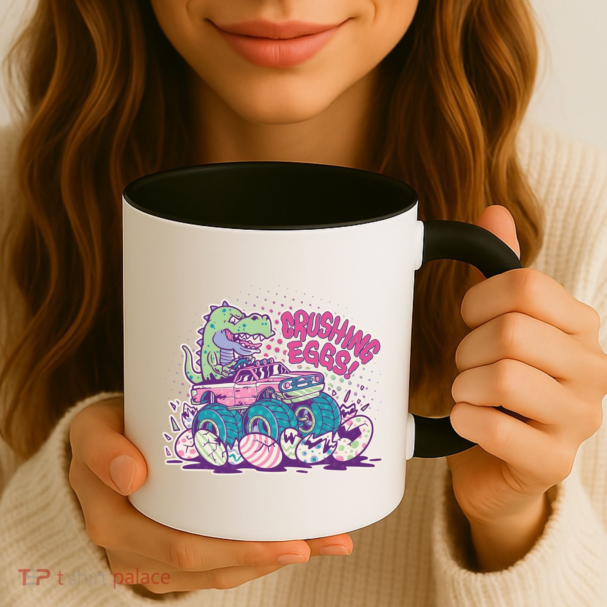 Funny Easter Crushing Eggs TRex Dinosaur Monster Truck Coffee Mug