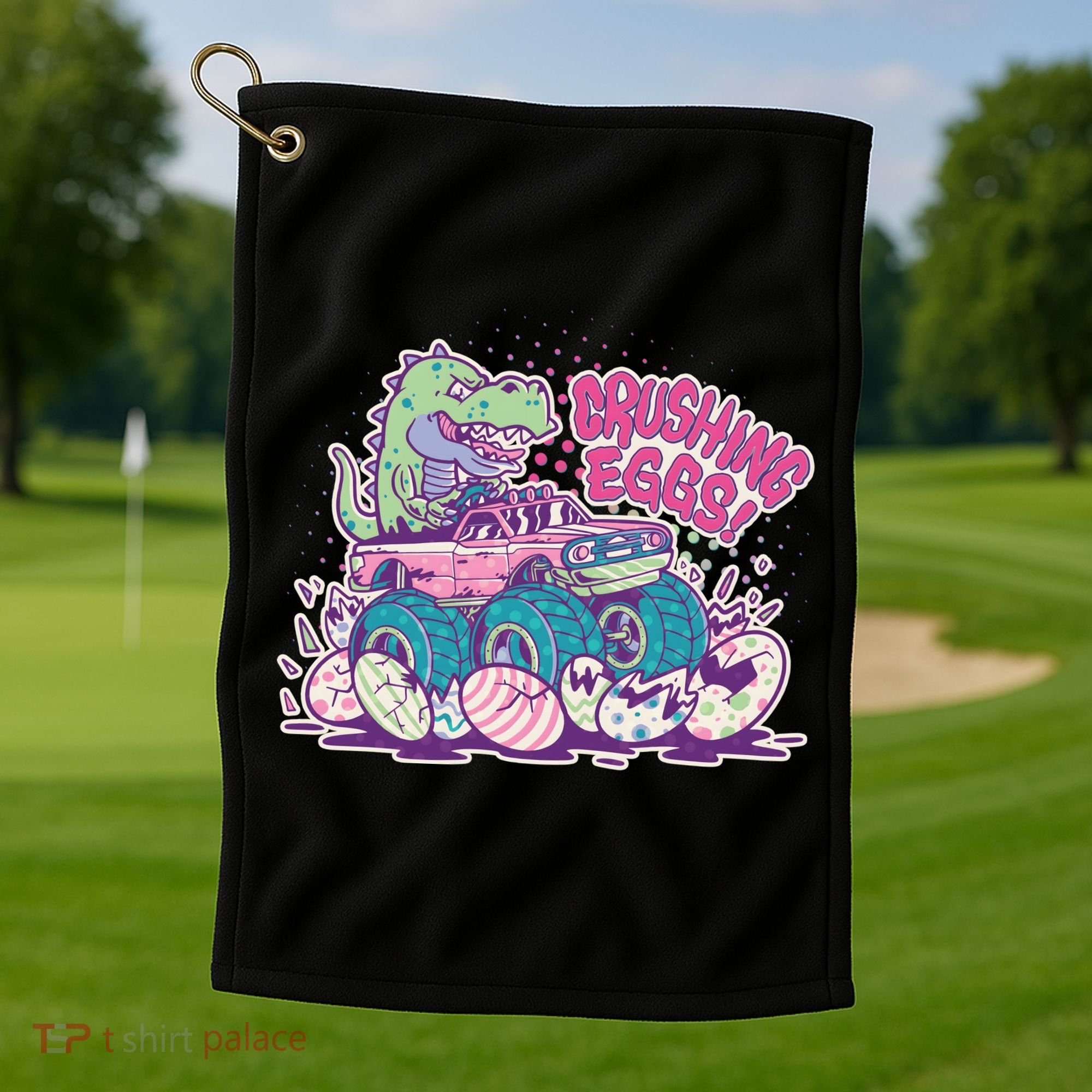 Funny Easter Crushing Eggs TRex Dinosaur Monster Truck Golf Towel