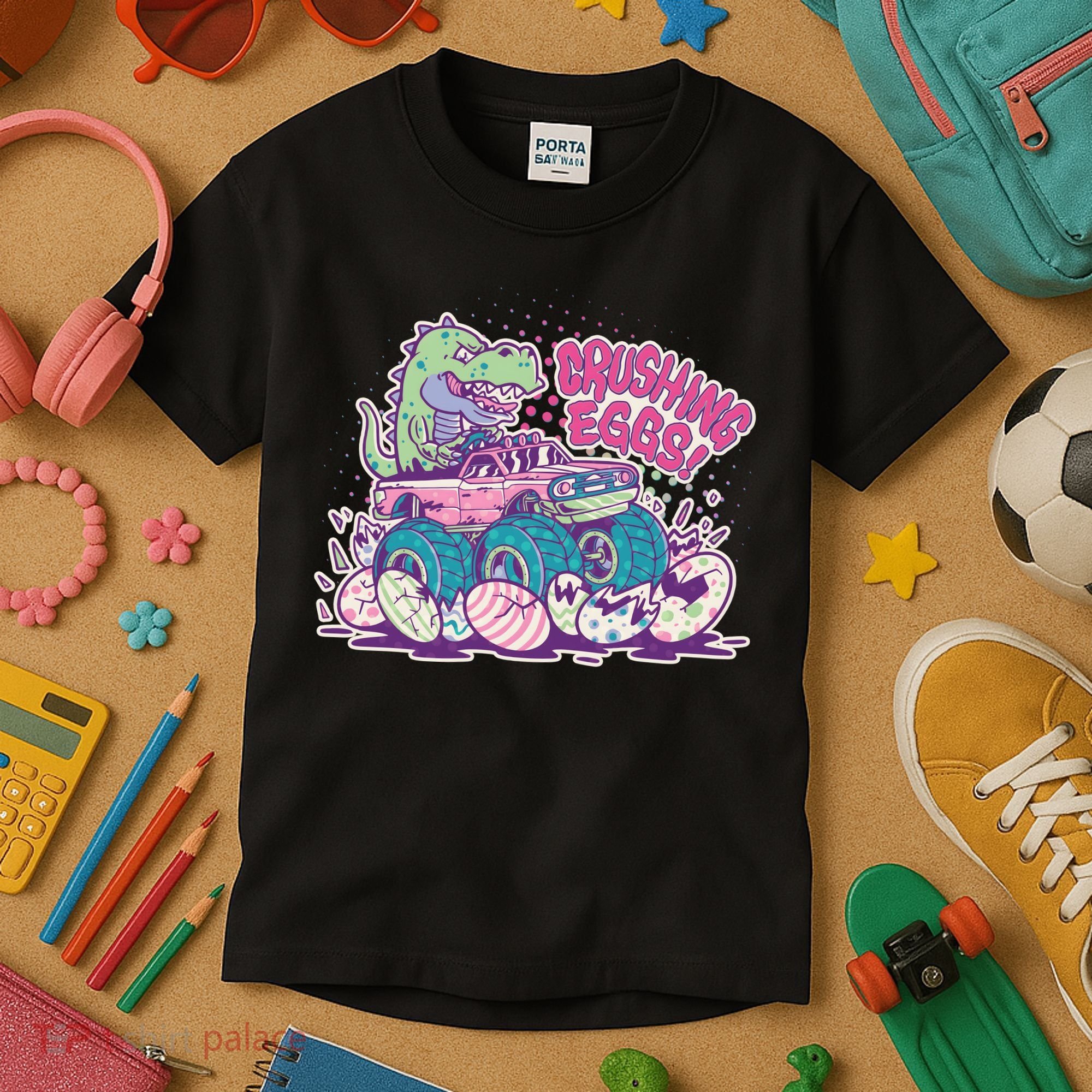 Funny Easter Crushing Eggs TRex Dinosaur Monster Truck Kids T-Shirt