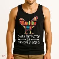 funny Easily Distracted By Chickens And Books Tank Top thumb 3