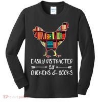 funny Easily Distracted By Chickens And Books Kids Long Sleeve Shirt thumb 0