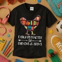 funny Easily Distracted By Chickens And Books Kids T-Shirt thumb 3