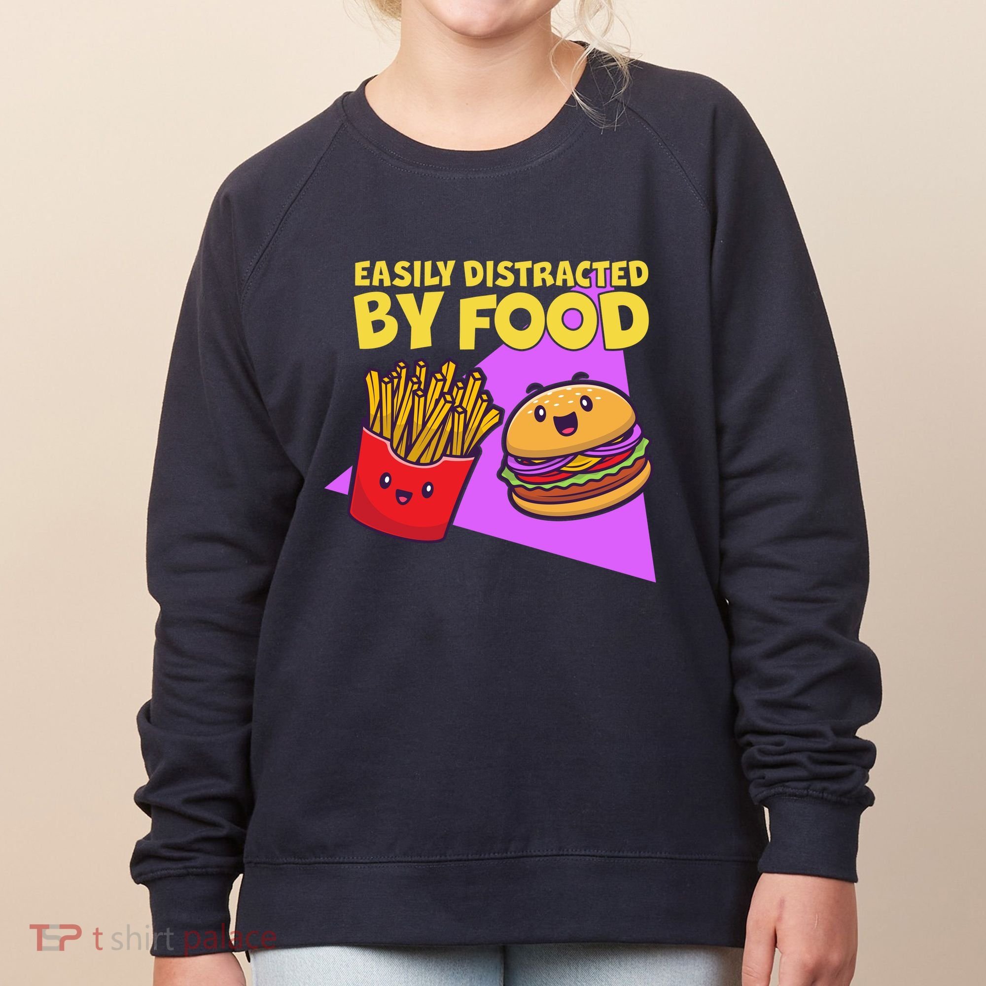 Funny Easily DIstracted By Food Cute Burger and Fries Women's Sweatshirt