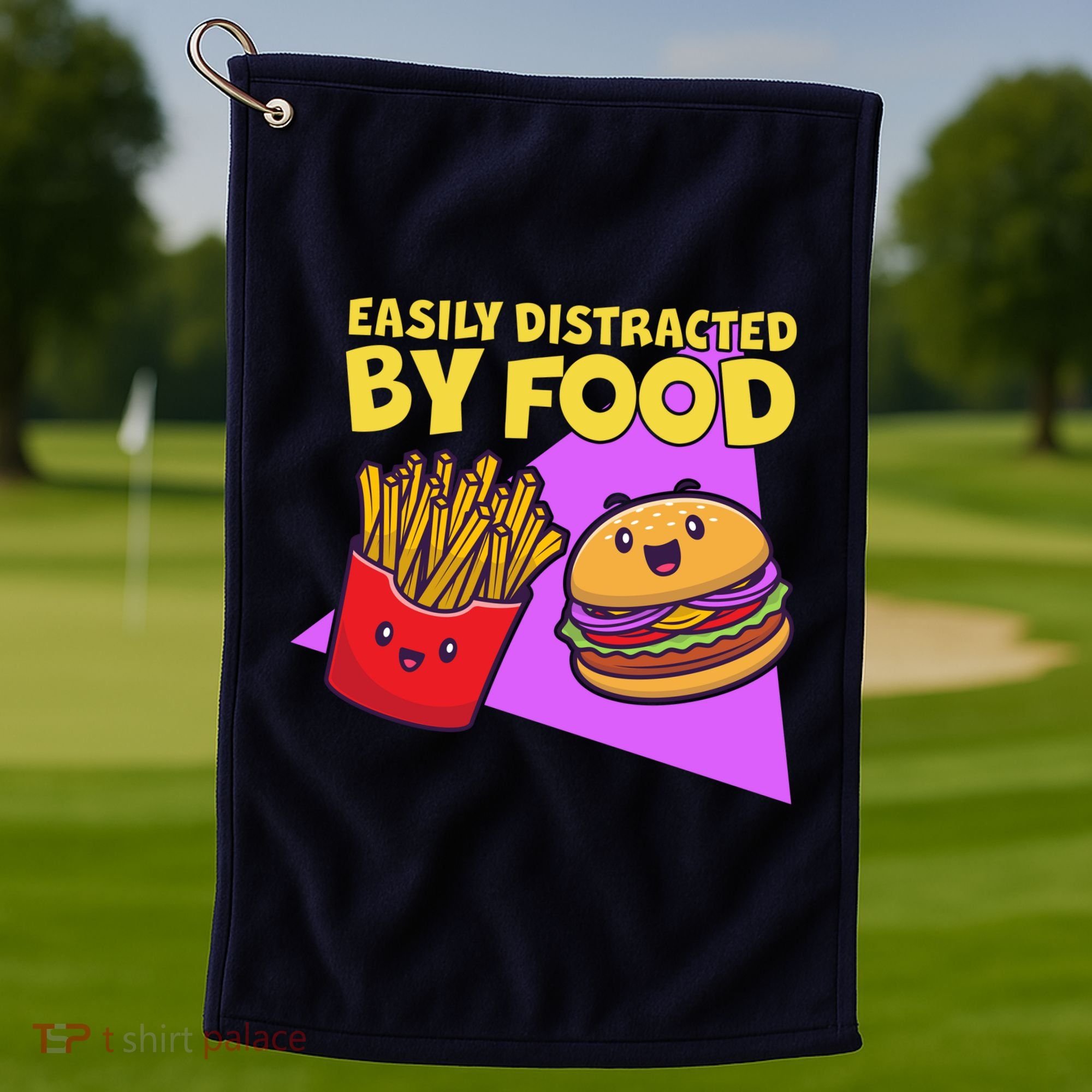 Funny Easily DIstracted By Food Cute Burger and Fries Golf Towel