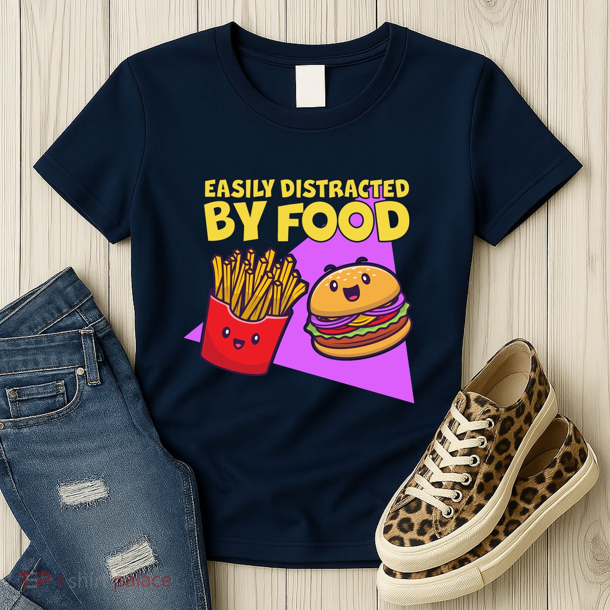 Funny Easily DIstracted By Food Cute Burger and Fries Women's T-Shirt