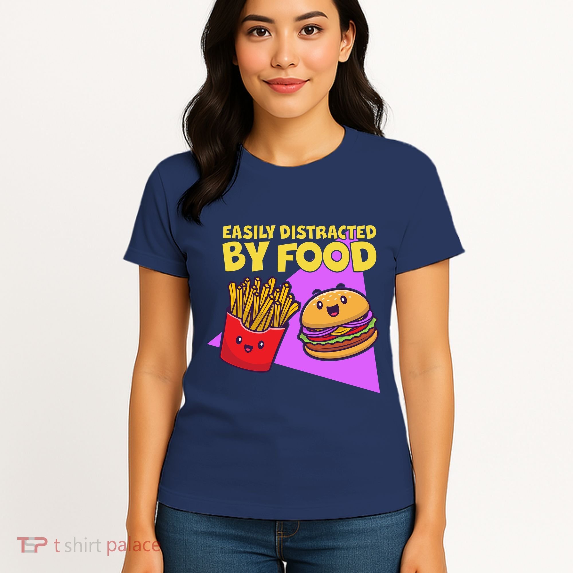 Funny Easily DIstracted By Food Cute Burger and Fries Women's T-Shirt
