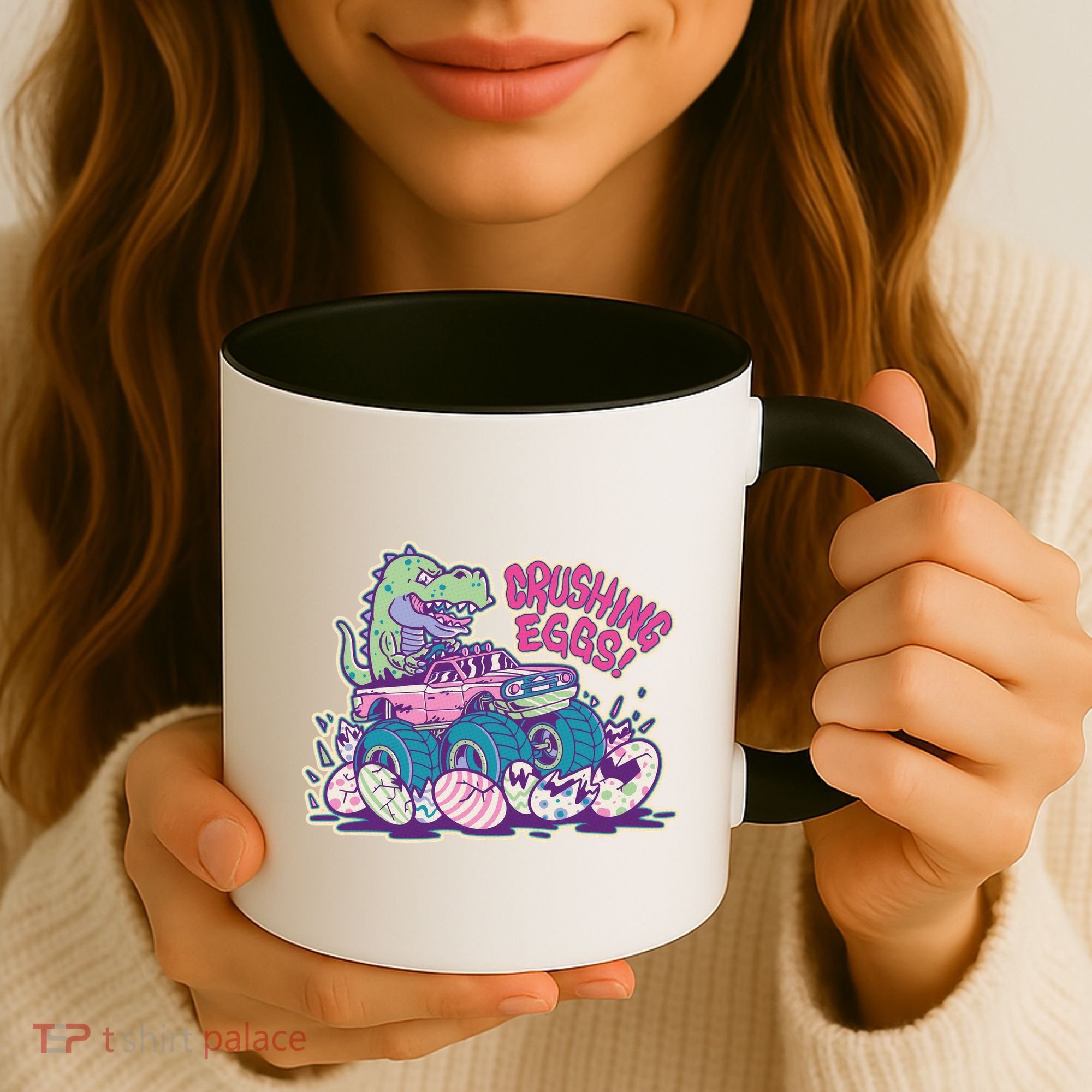 Funny Easter Dinosaur Monster Truck Crushing Eggs Coffee Mug