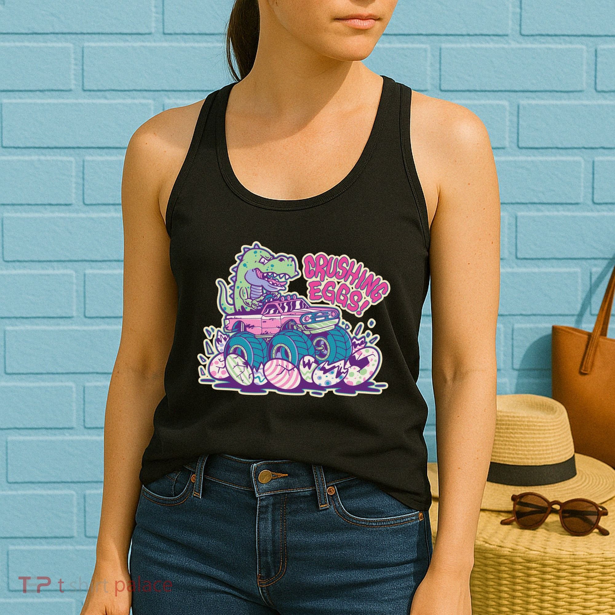 Funny Easter Dinosaur Monster Truck Crushing Eggs Women's Tank Top
