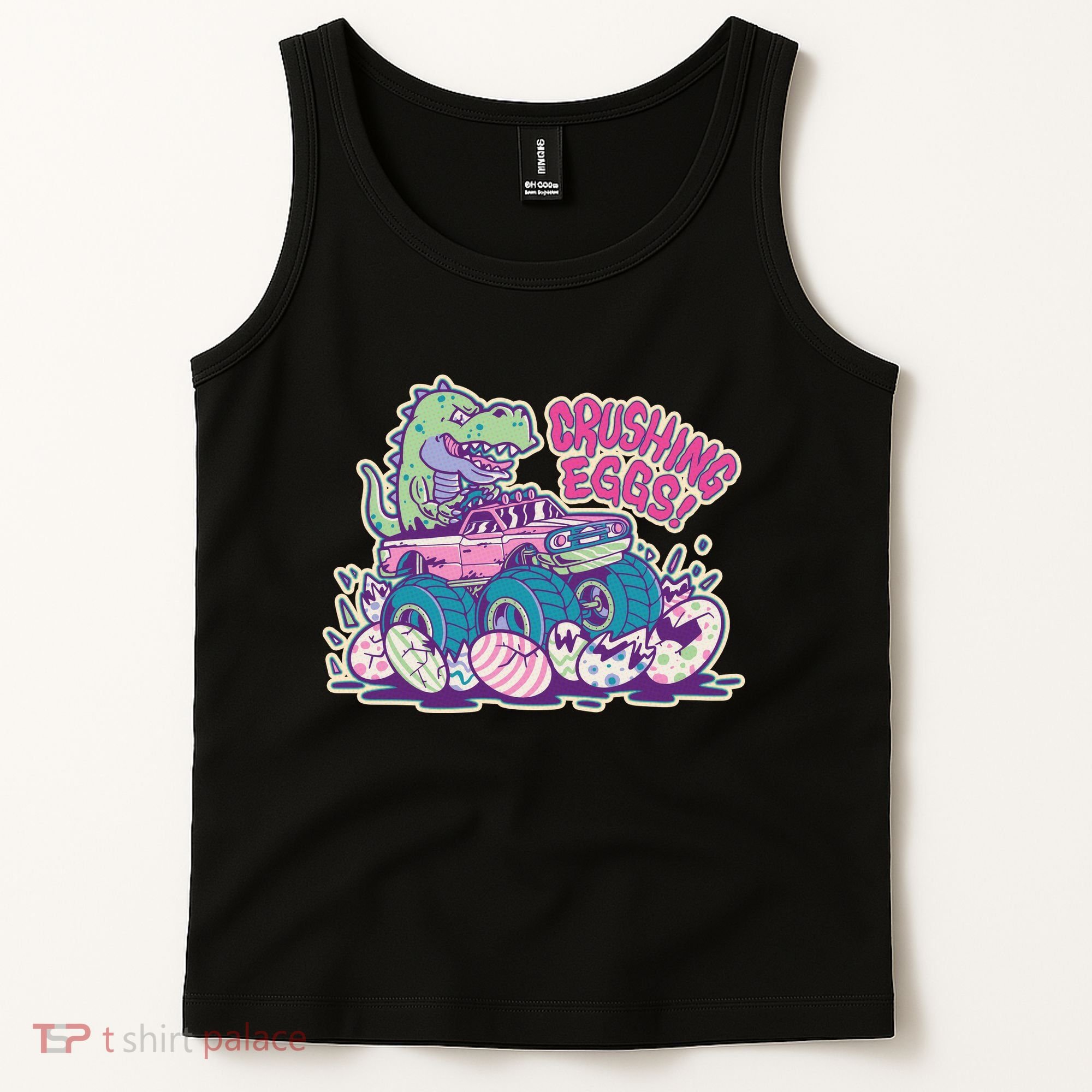 Funny Easter Dinosaur Monster Truck Crushing Eggs Tank Top