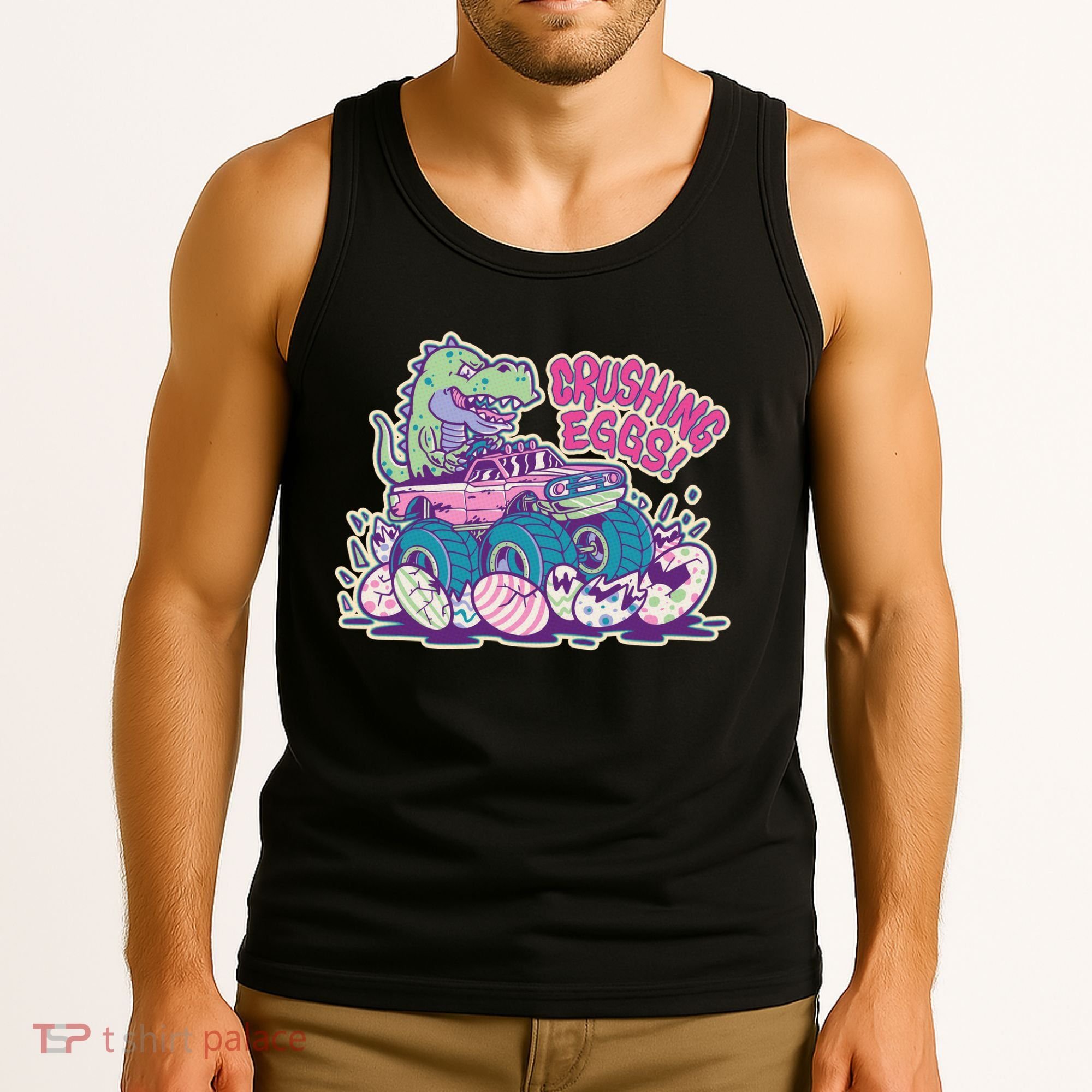 Funny Easter Dinosaur Monster Truck Crushing Eggs Tank Top