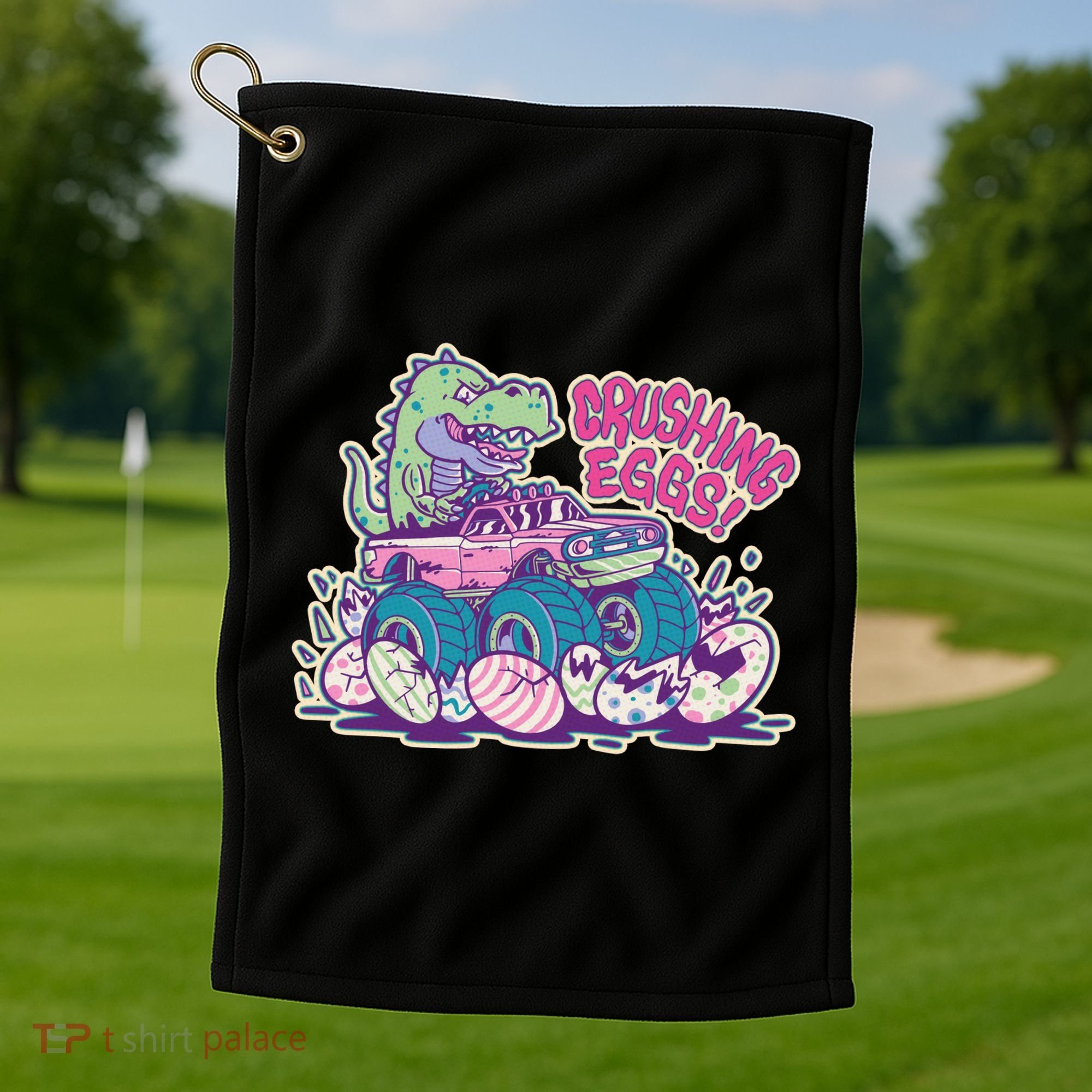 Funny Easter Dinosaur Monster Truck Crushing Eggs Golf Towel