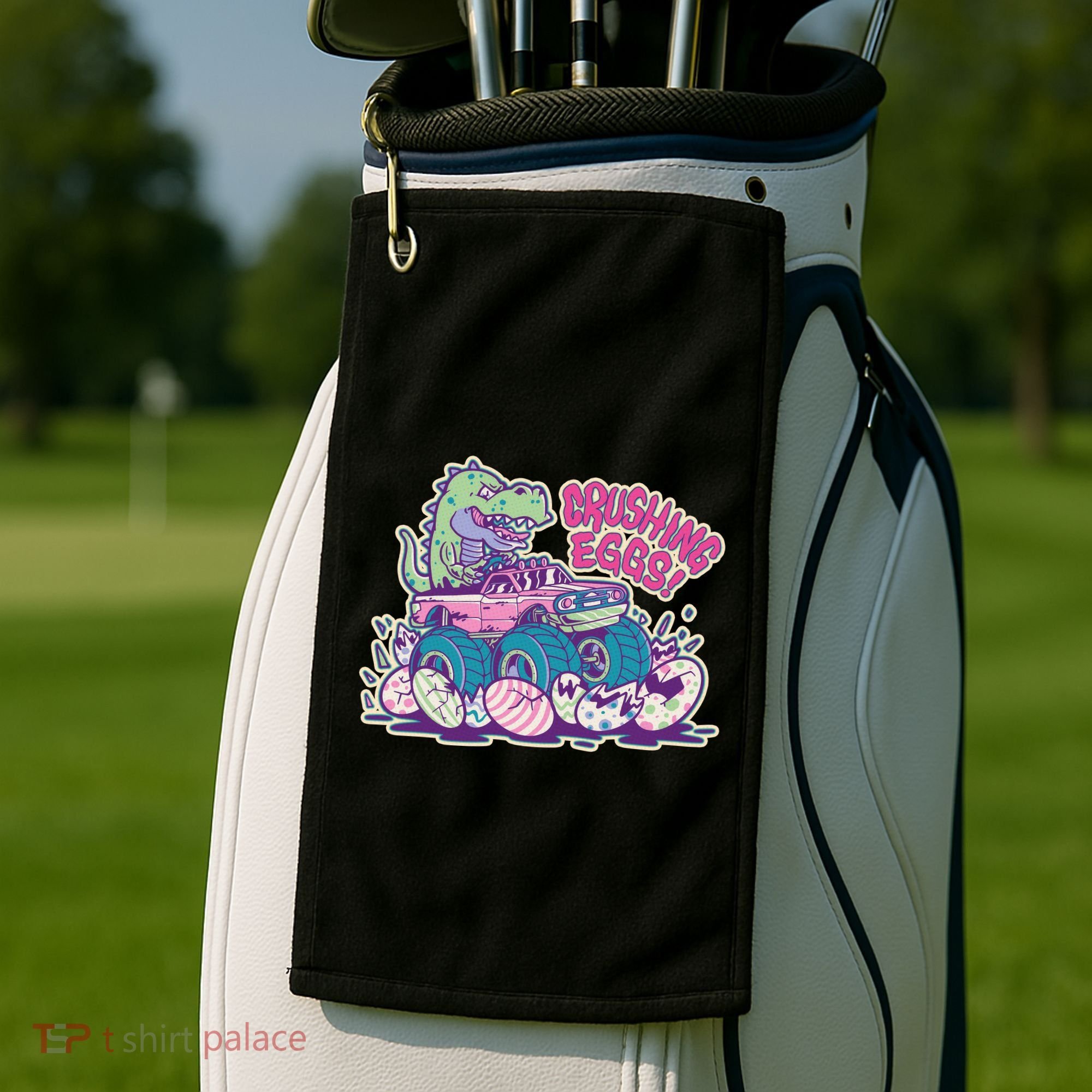 Funny Easter Dinosaur Monster Truck Crushing Eggs Golf Towel