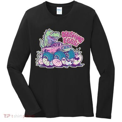 Funny Easter Dinosaur Monster Truck Crushing Eggs Women's Long Sleeve Shirt
