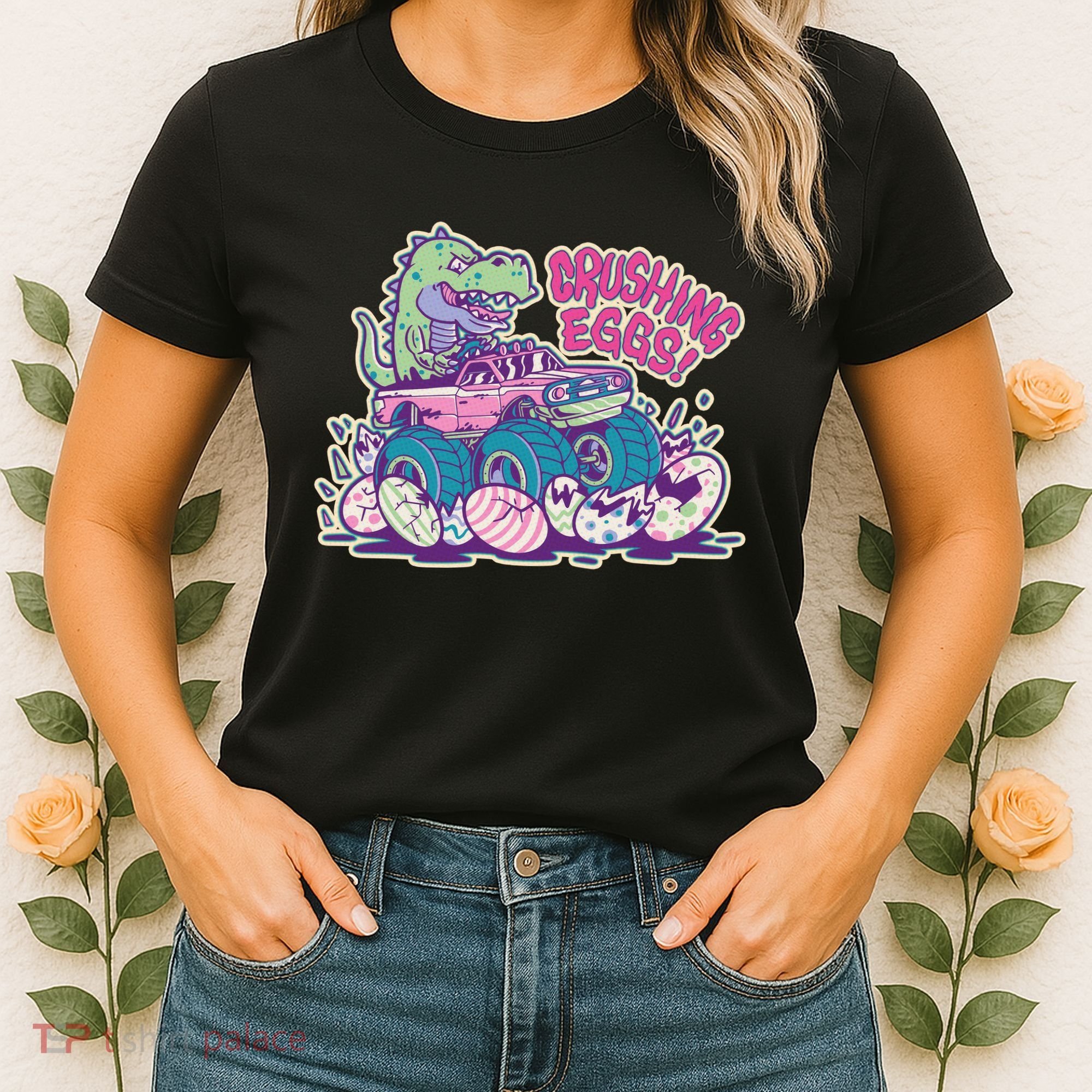 Funny Easter Dinosaur Monster Truck Crushing Eggs Women's T-Shirt