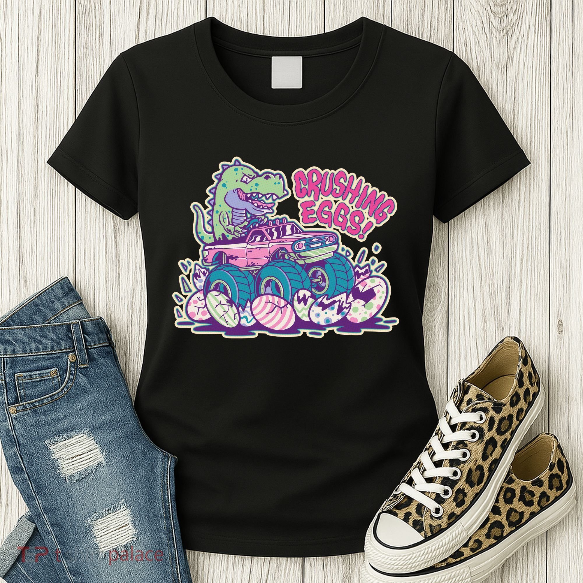 Funny Easter Dinosaur Monster Truck Crushing Eggs Women's T-Shirt