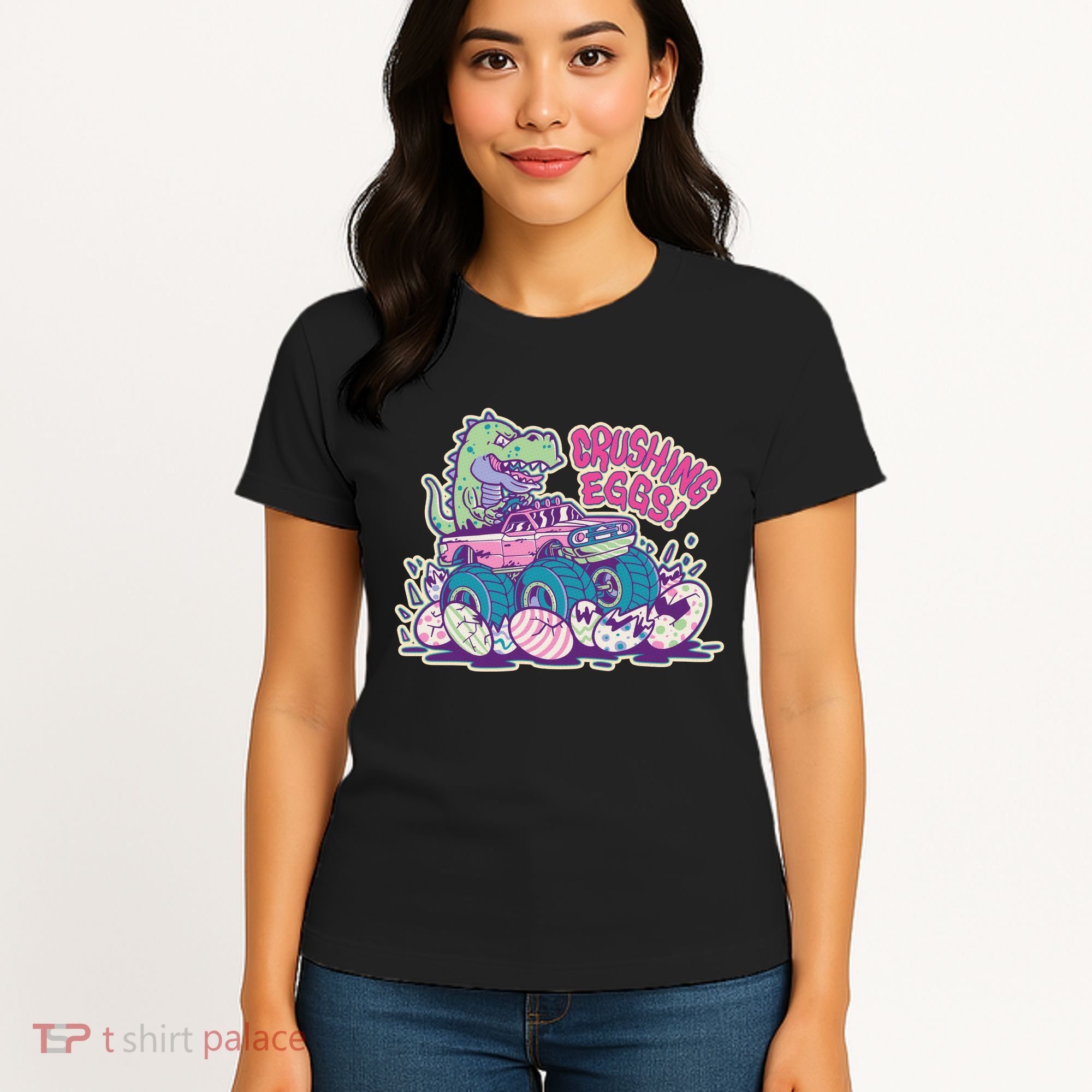 Funny Easter Dinosaur Monster Truck Crushing Eggs Women's T-Shirt