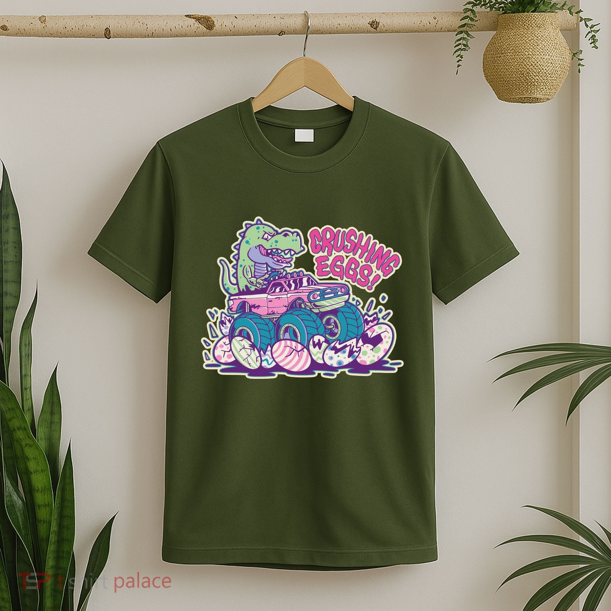 Funny Easter Dinosaur Monster Truck Crushing Eggs T-Shirt