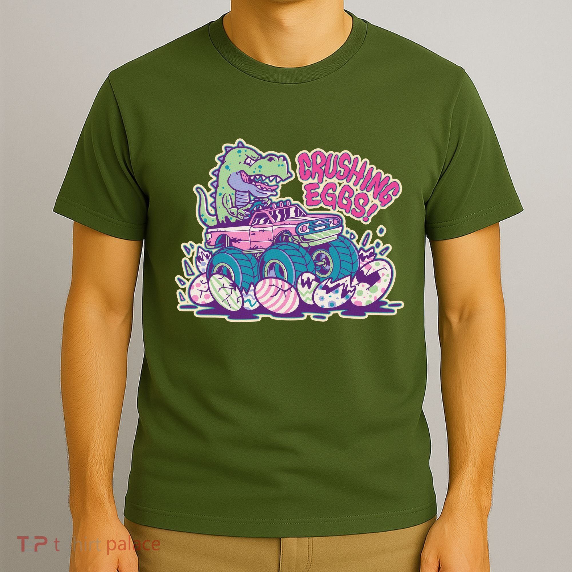 Funny Easter Dinosaur Monster Truck Crushing Eggs T-Shirt