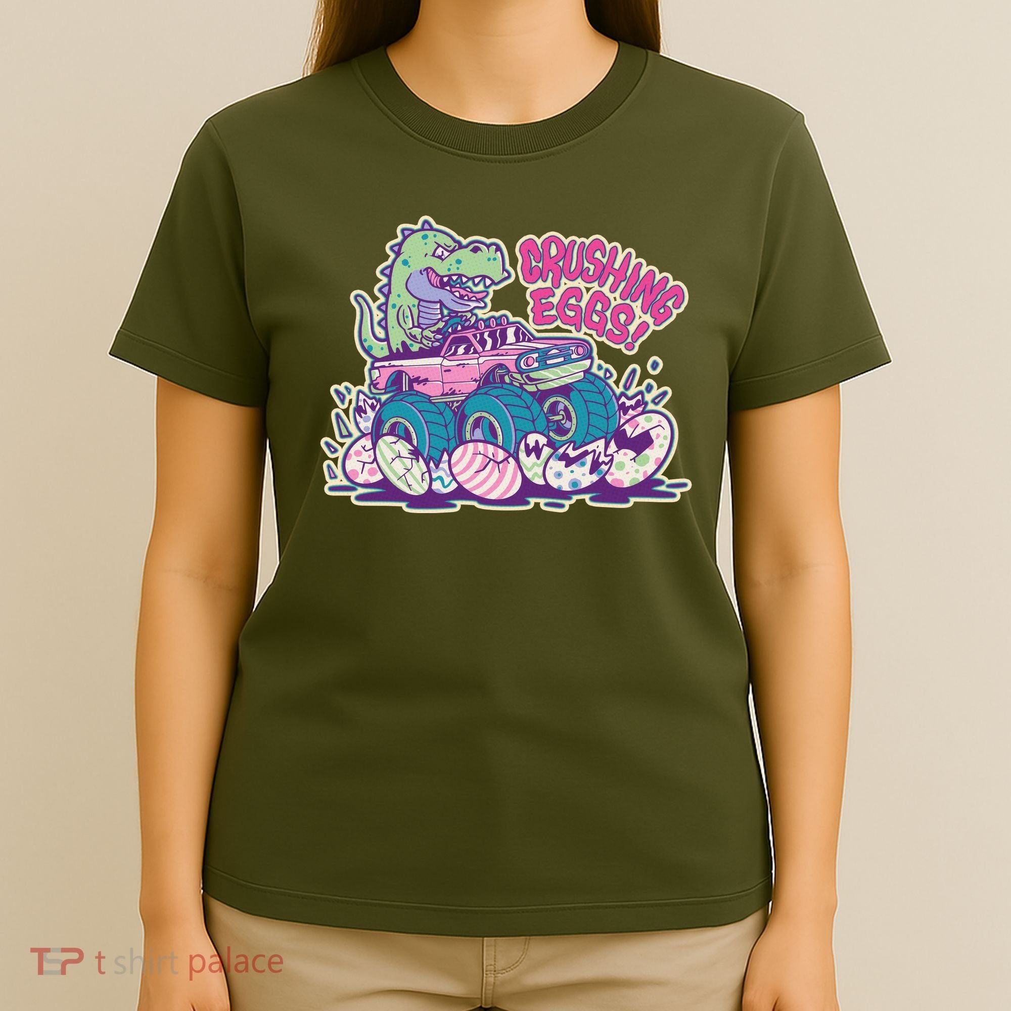 Funny Easter Dinosaur Monster Truck Crushing Eggs T-Shirt