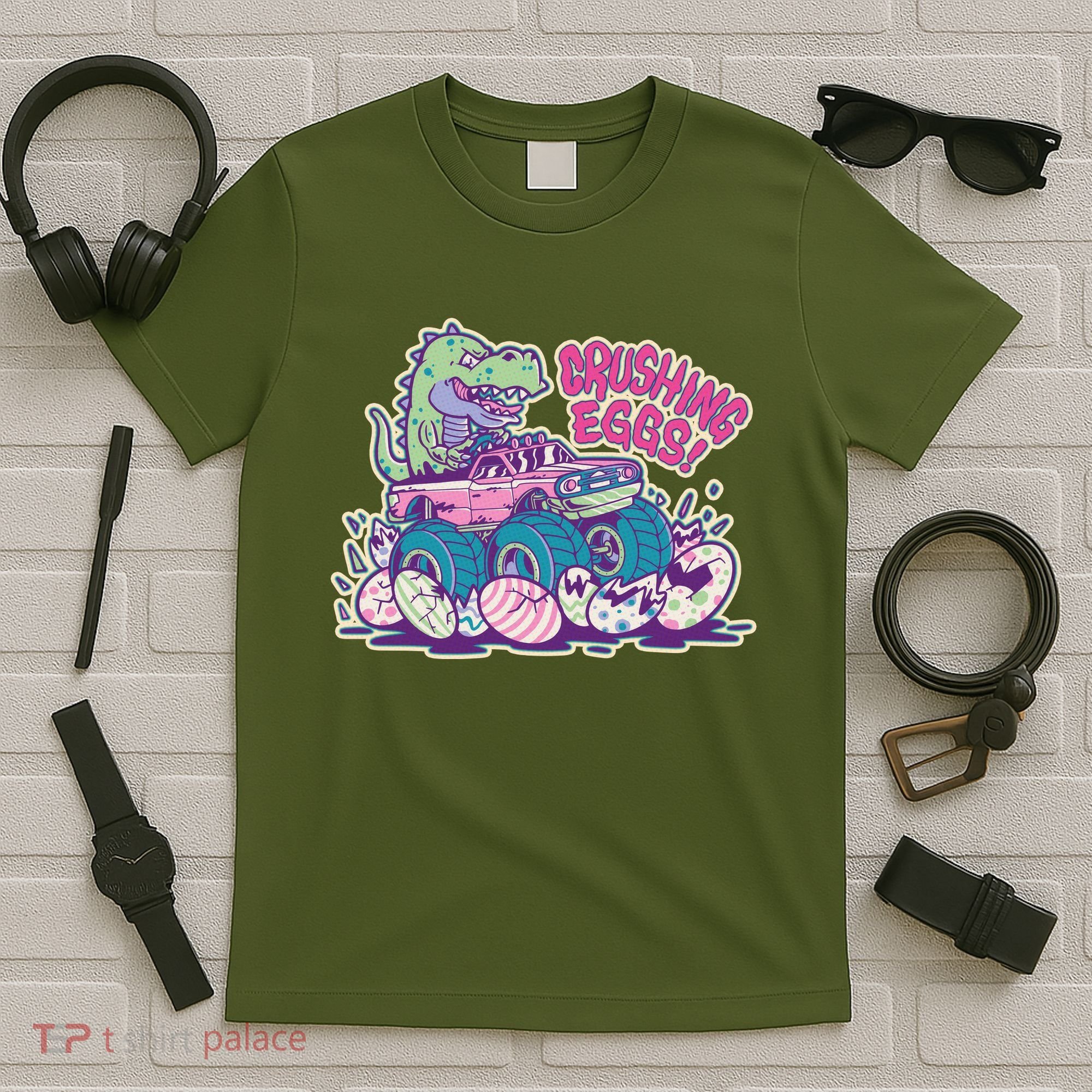 Funny Easter Dinosaur Monster Truck Crushing Eggs T-Shirt