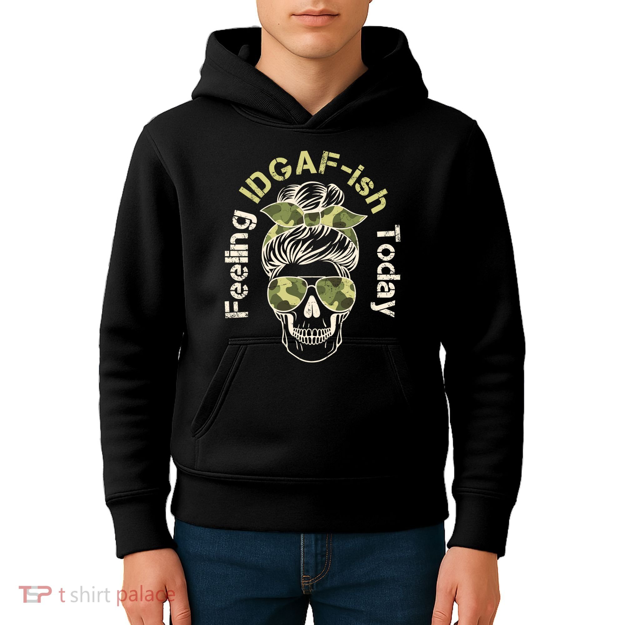 Feeling IDGAF-ish Today Army Print Hair Bun Skull Kids Hoodie