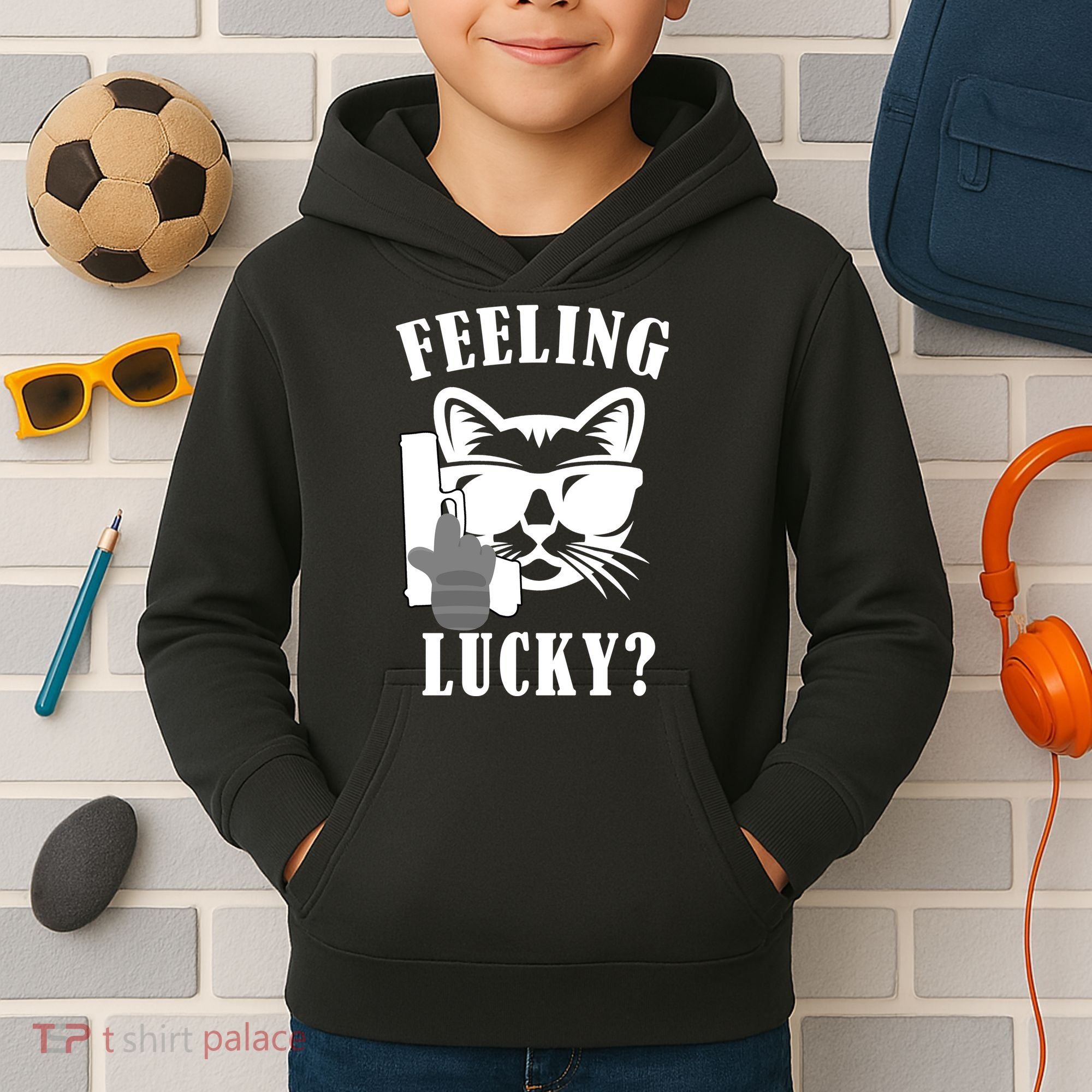 Feeling Luck Cat With Pistol Gun Kids Hoodie