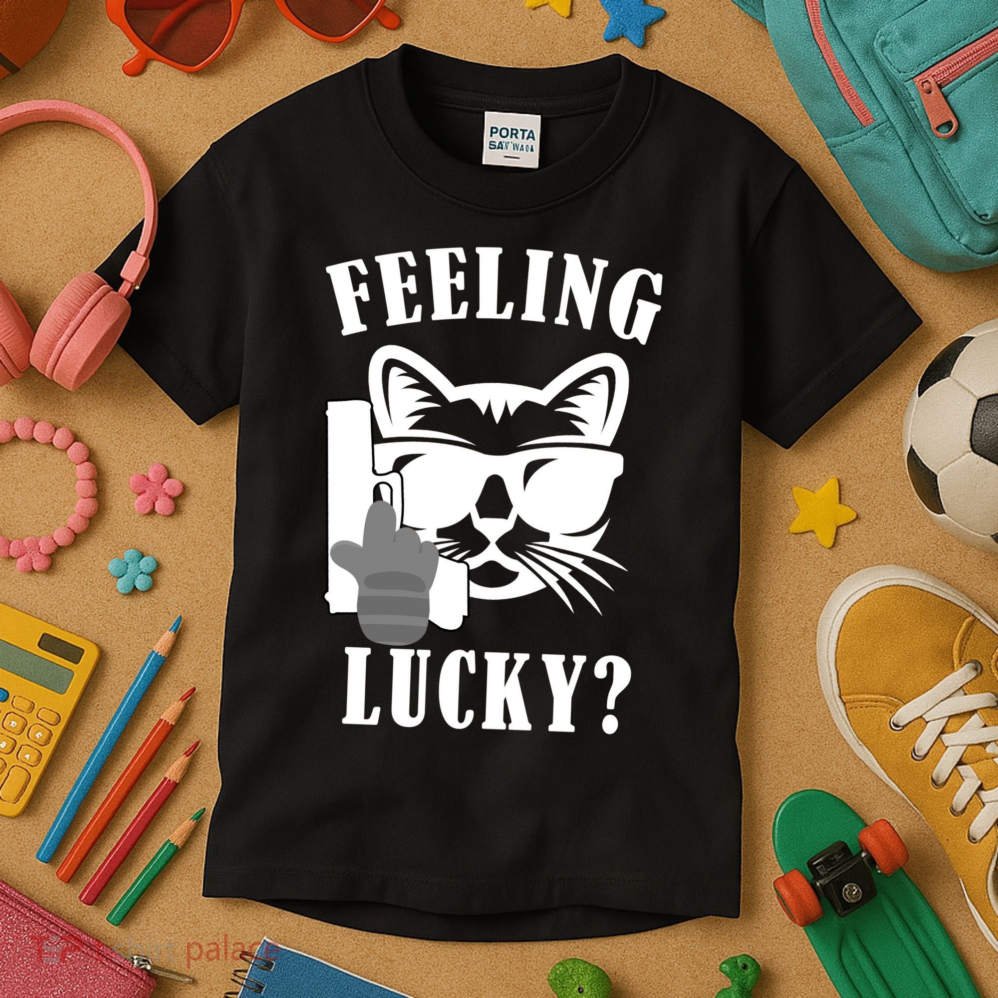 Feeling Luck Cat With Pistol Gun Kids T-Shirt