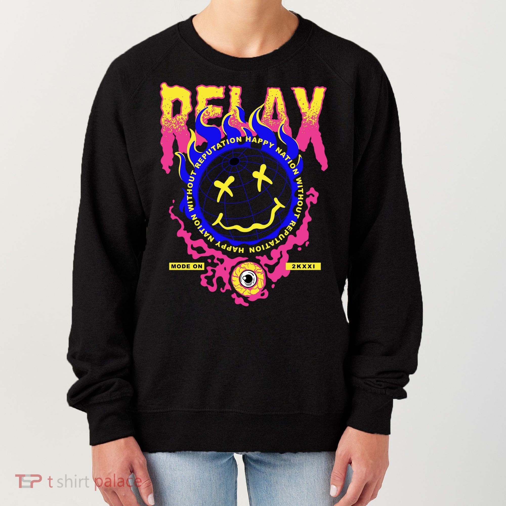 Flaming Emoji Globe Eyeball Smoke Women's Sweatshirt