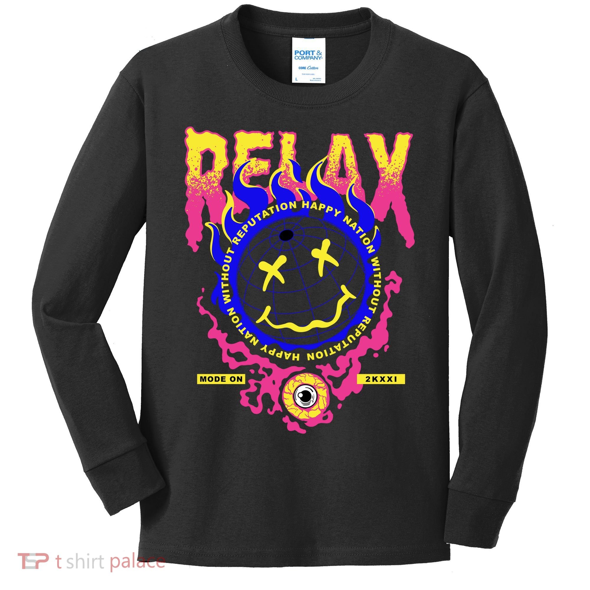 Flaming Emoji Globe Eyeball Smoke Kids Long Sleeve Shirt