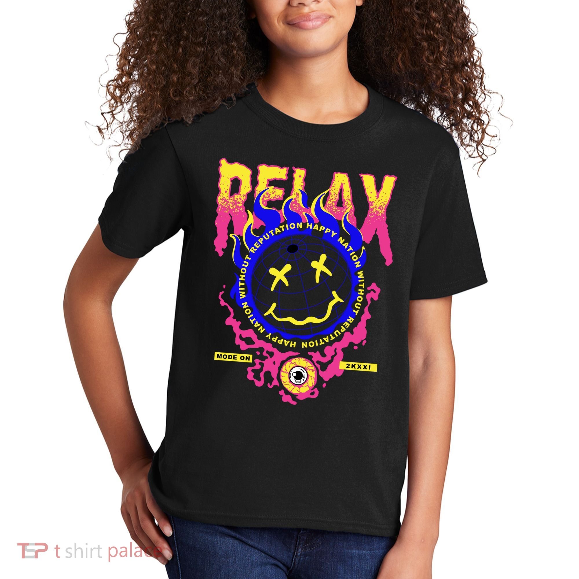 Flaming Emoji Globe Eyeball Smoke Kids T-Shirt
