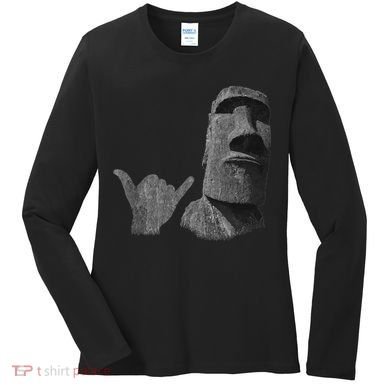Funny Easter Island Rapa Nui Moai Statue Surfer Shaka Sign Women's Long Sleeve Shirt