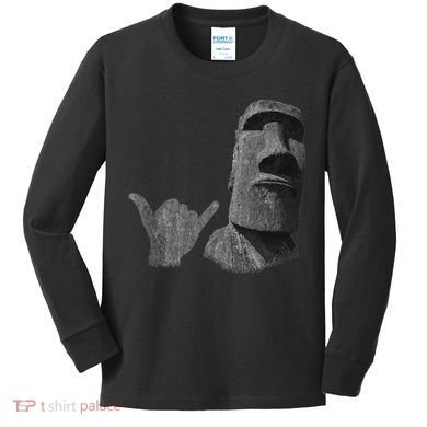 Funny Easter Island Rapa Nui Moai Statue Surfer Shaka Sign Kids Long Sleeve Shirt
