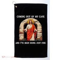 Funny Easter Jesus Coming Out Of My Cave Retro Humor Easter Golf Towel thumb 0