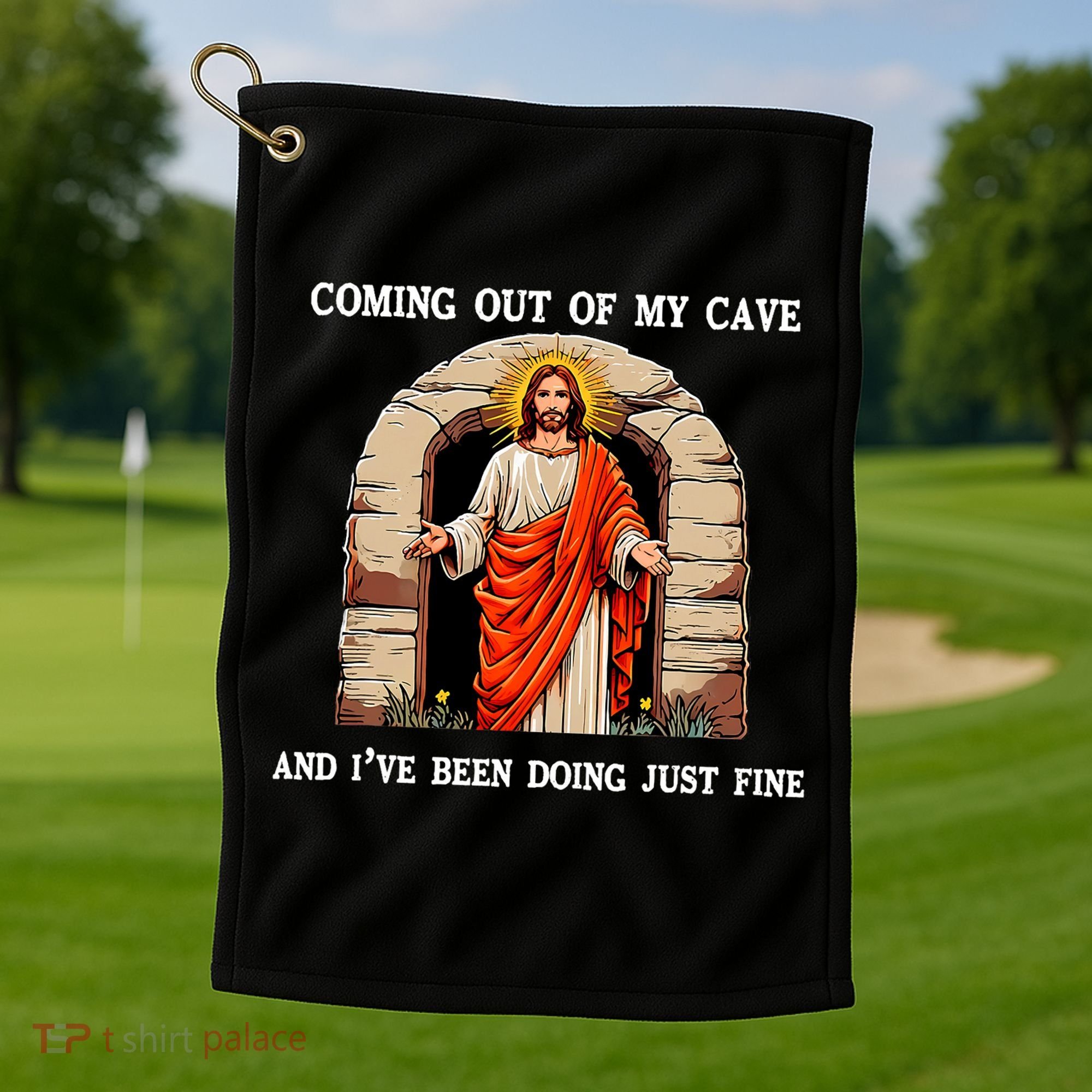 Funny Easter Jesus Coming Out Of My Cave Retro Humor Easter Golf Towel