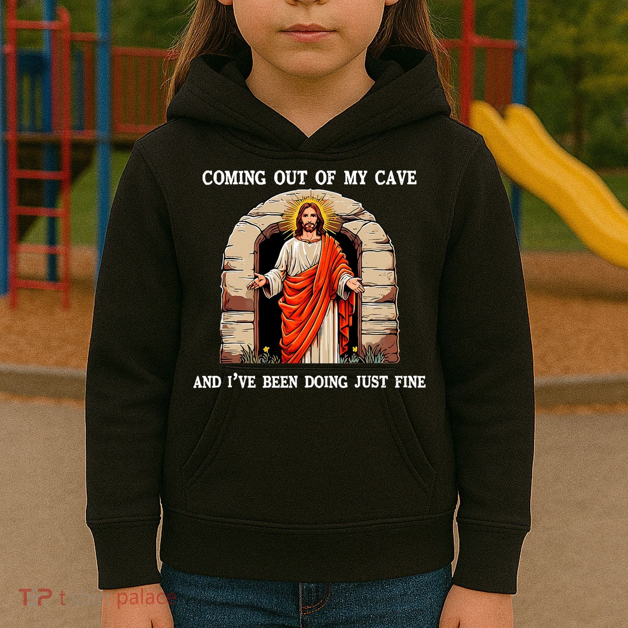Funny Easter Jesus Coming Out Of My Cave Retro Humor Easter Kids Hoodie