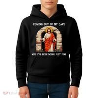 Funny Easter Jesus Coming Out Of My Cave Retro Humor Easter Kids Hoodie thumb 4