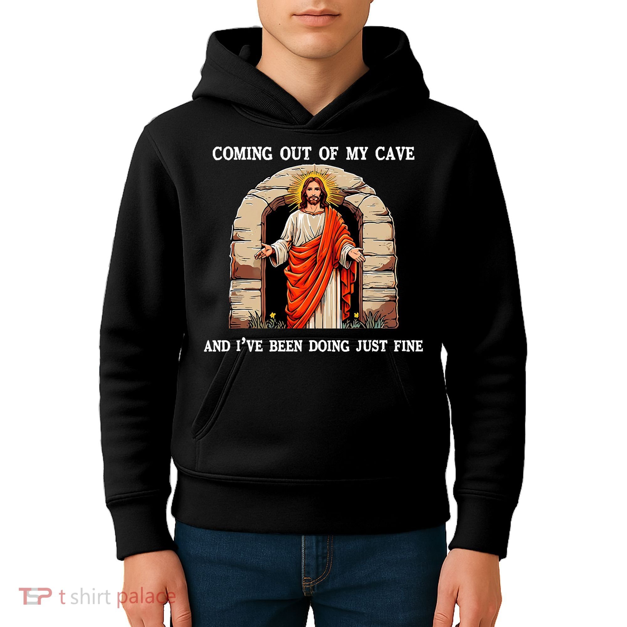 Funny Easter Jesus Coming Out Of My Cave Retro Humor Easter Kids Hoodie