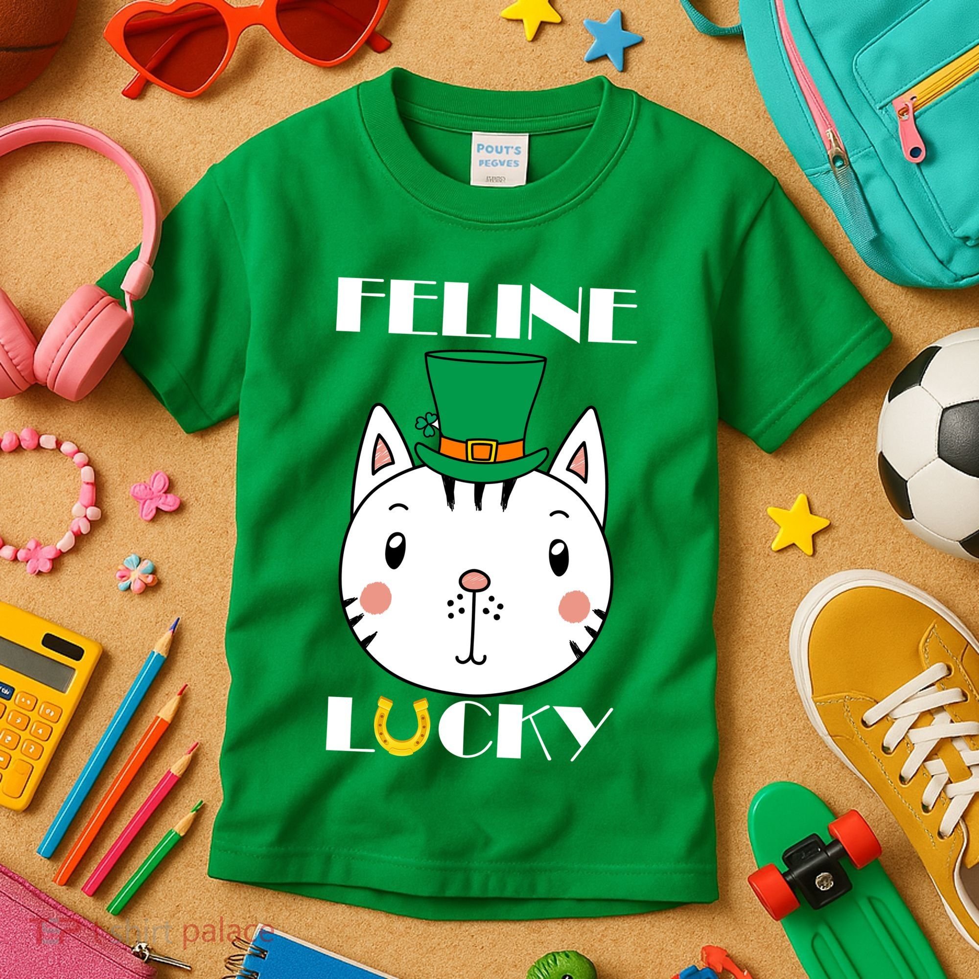 Feline Lucky Cat St Patricks Day Kids T-Shirt