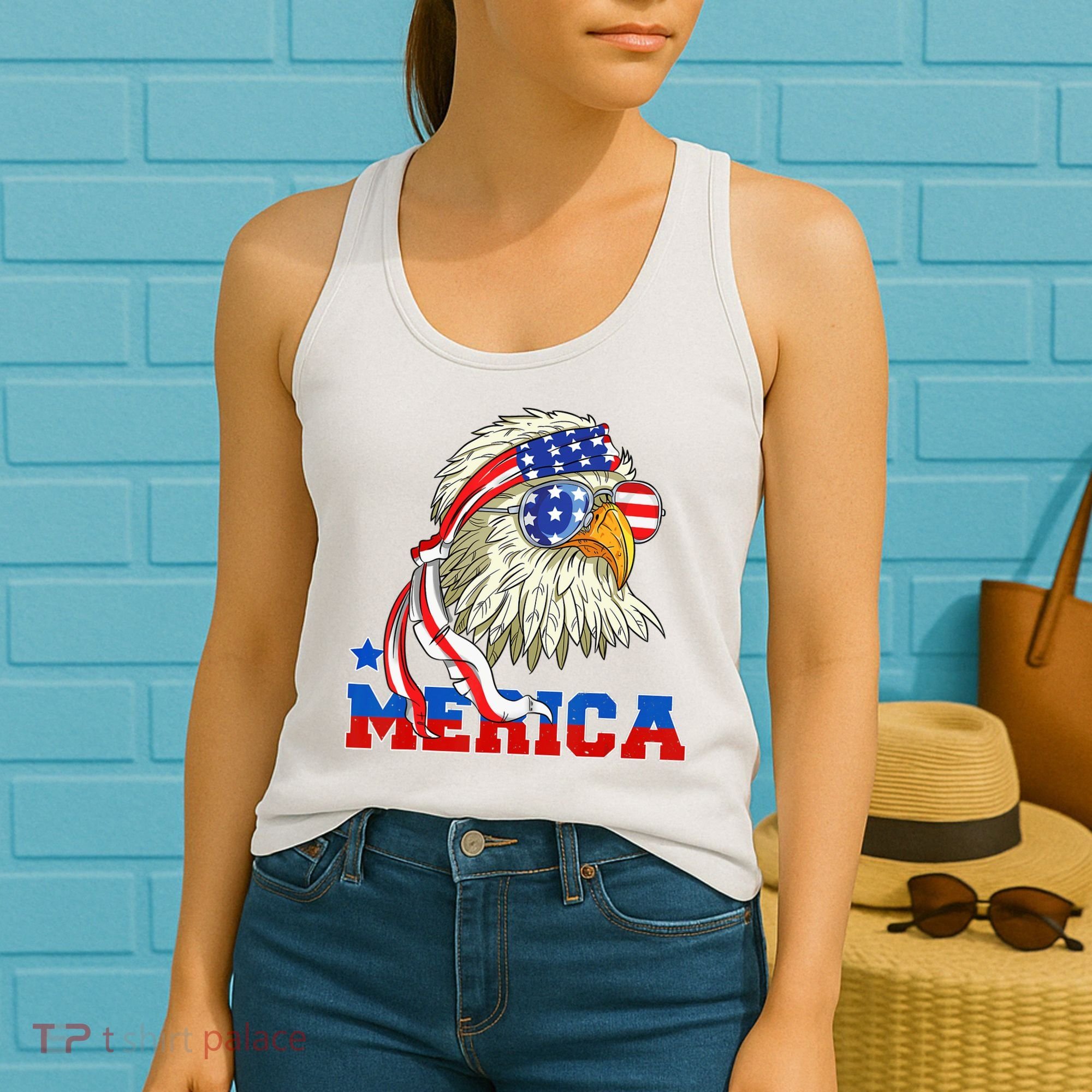 Funny Eagle Mullet Sunglasses Merica 4th Of July USA American Flag Women's Tank Top