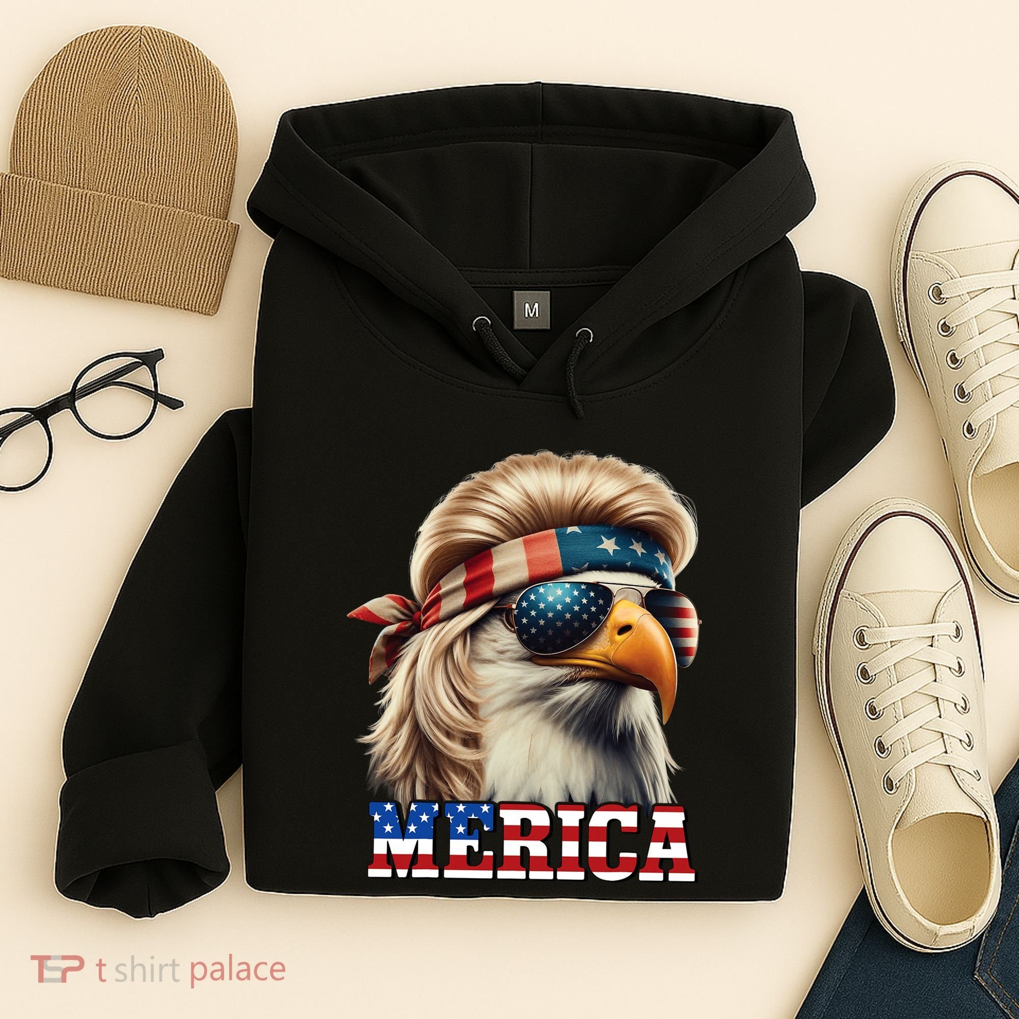 Funny Eagle Merica 4th July Blonde Wig Mullet Funny Man Hoodie
