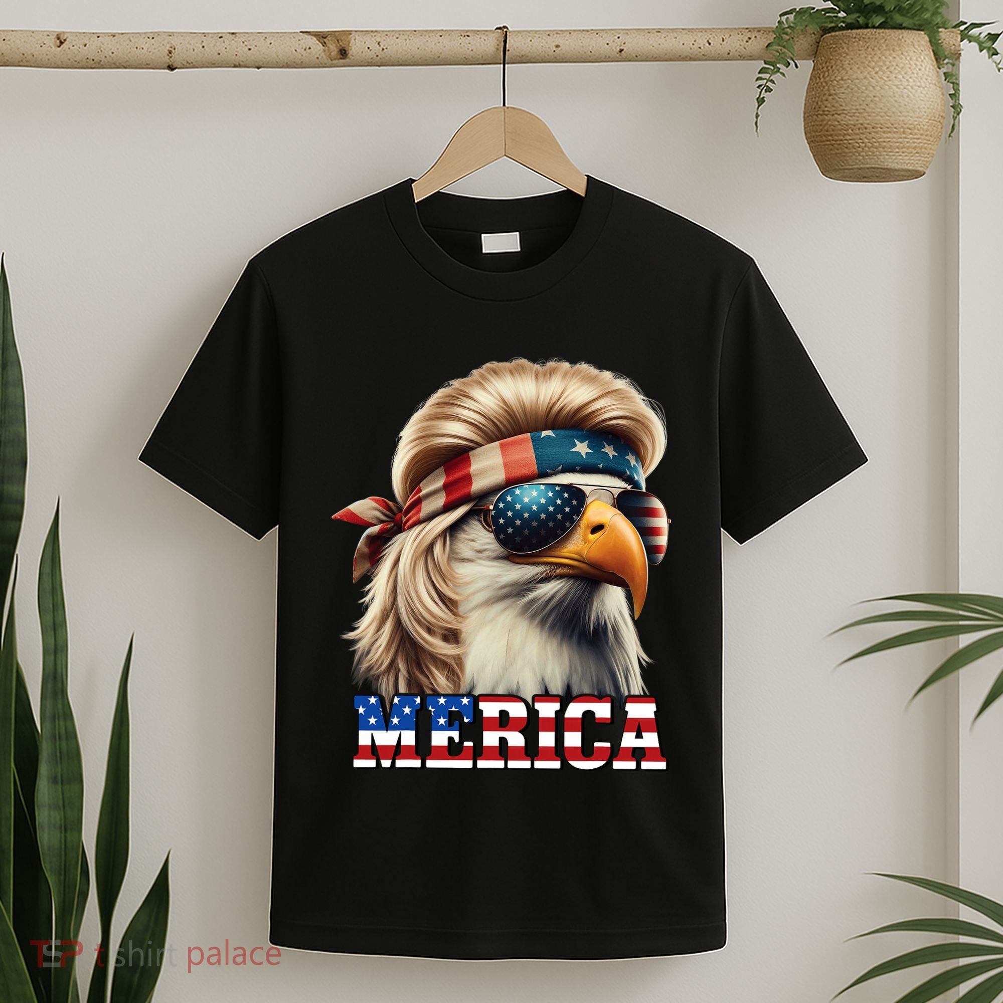 Funny Eagle Merica 4th July Blonde Wig Mullet Funny Man T-Shirt